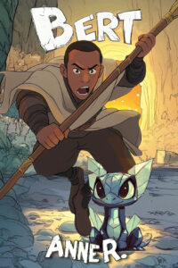 A man with a broom chases after a blue dragon-like creature. There's a warm glow and an alien planet in the background.